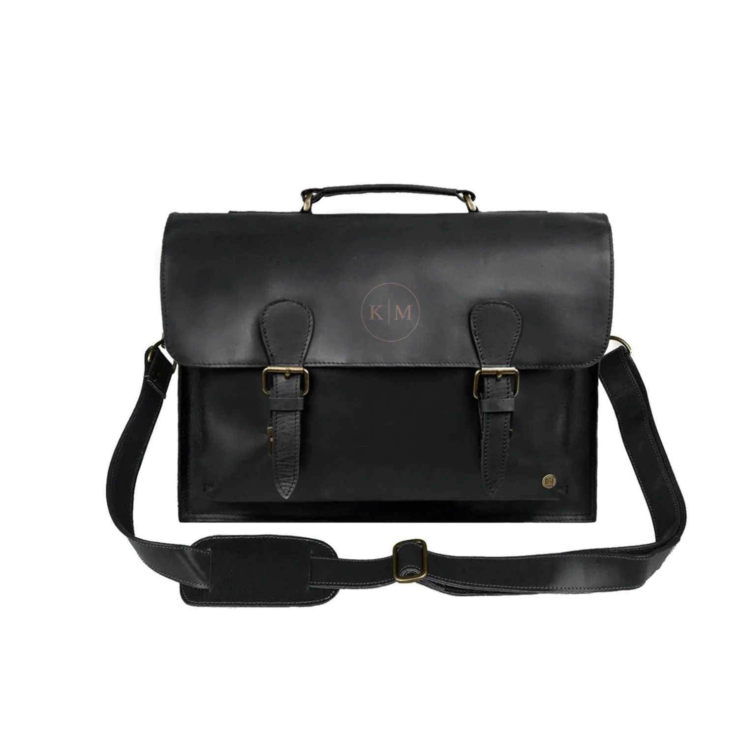 Laser Personalized Black Leather Messenger Bag - Image 3