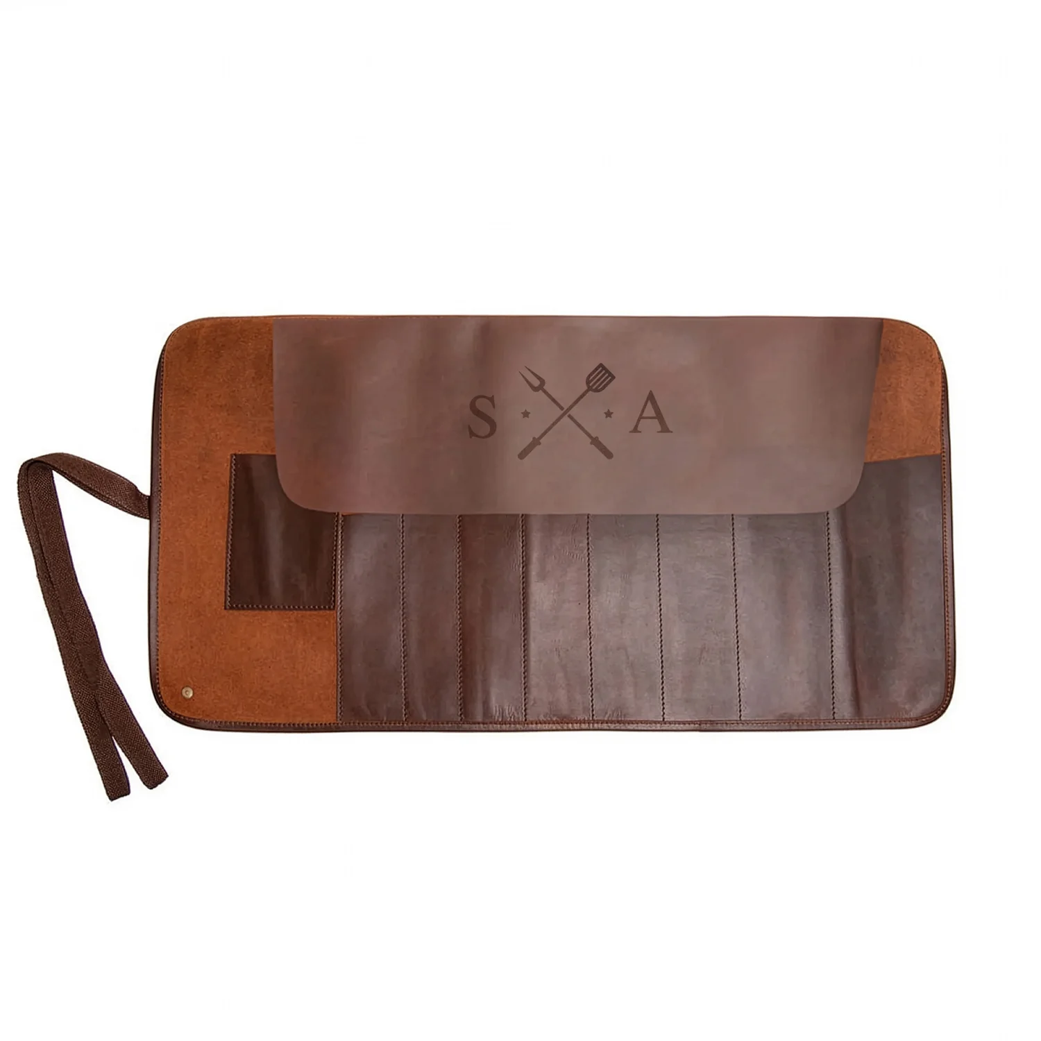 Laser Personalized Brown Leather Knife Roll - Image 3